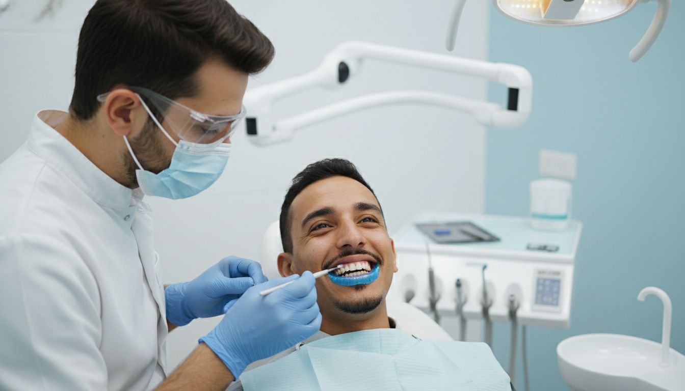 Patient souriant lors d'un blanchiment au Centre Dentaire Karaouin à Fès, praticien en tenue médicale, ambiance clinique sereine