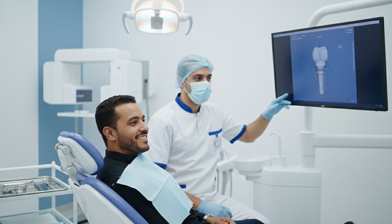 Patient souriant en consultation implantaire au Centre Dentaire Karaouin à Fès, équipe soignante et imagerie 3D