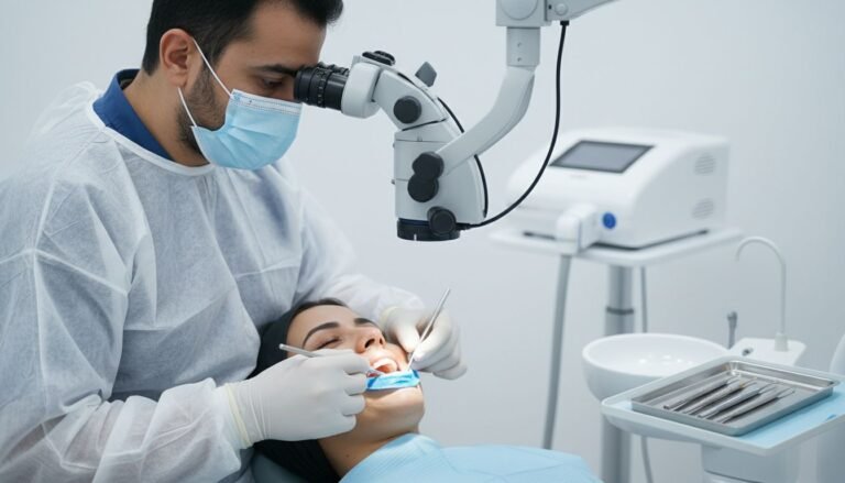 Dentiste au Centre Dentaire Karaouin à Fès réalisant un traitement de canal sous microscope, patient détendu et en confiance.