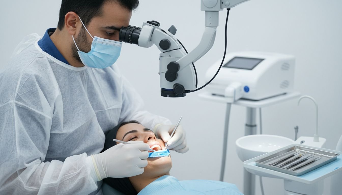 Dentiste au Centre Dentaire Karaouin à Fès réalisant un traitement de canal sous microscope, patient détendu et en confiance.